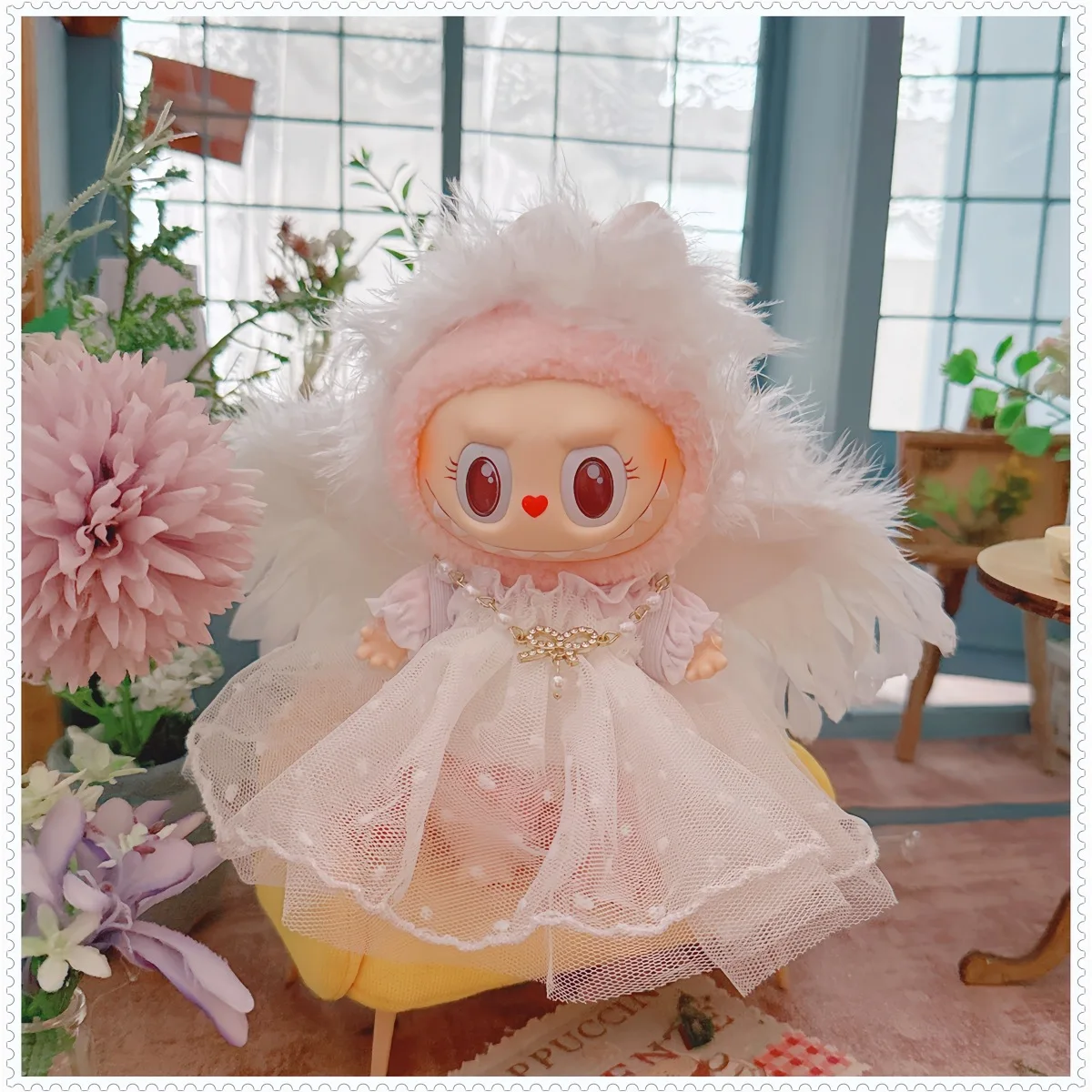 Labubu-caja ciega de vinilo de primera y segunda generación, ropa para muñeca de 17CM, conjunto de cinco piezas, vestido de diablo, colgante de vestido de novia negro