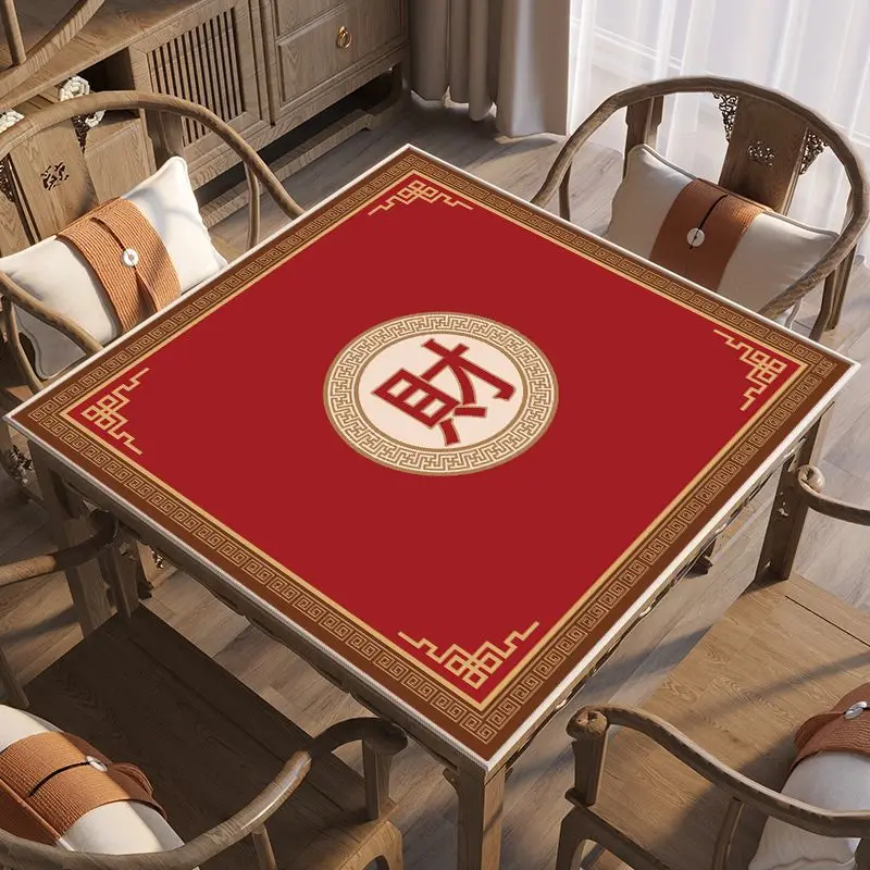 Square Mahjong Table Mat, Red Chinese Directional Dice Printed Anti Slip Noise Reducing Game Mat, Table Game Desktop Decoration