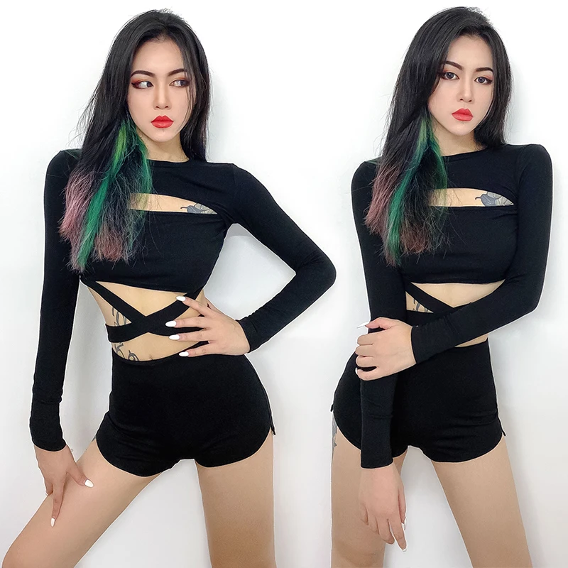

2025 Adult Jazz Dance Costume Singer Pole Dance Clothing Black Long Sleeves Tops Club Sexy Outfits For Women Pole Shorts Rave