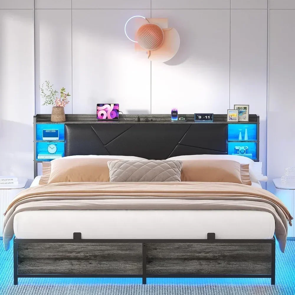 

Queen Size Bed Frame with Charging Station and Cool LED Lights,Sturdy Platform Bed with Upholstered Storage Headboard,Bed Frames