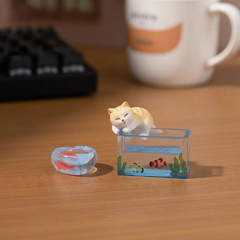 Miniature Cat and Fishbowl Figurines for Unique Micro Landscape and Decoration Projects