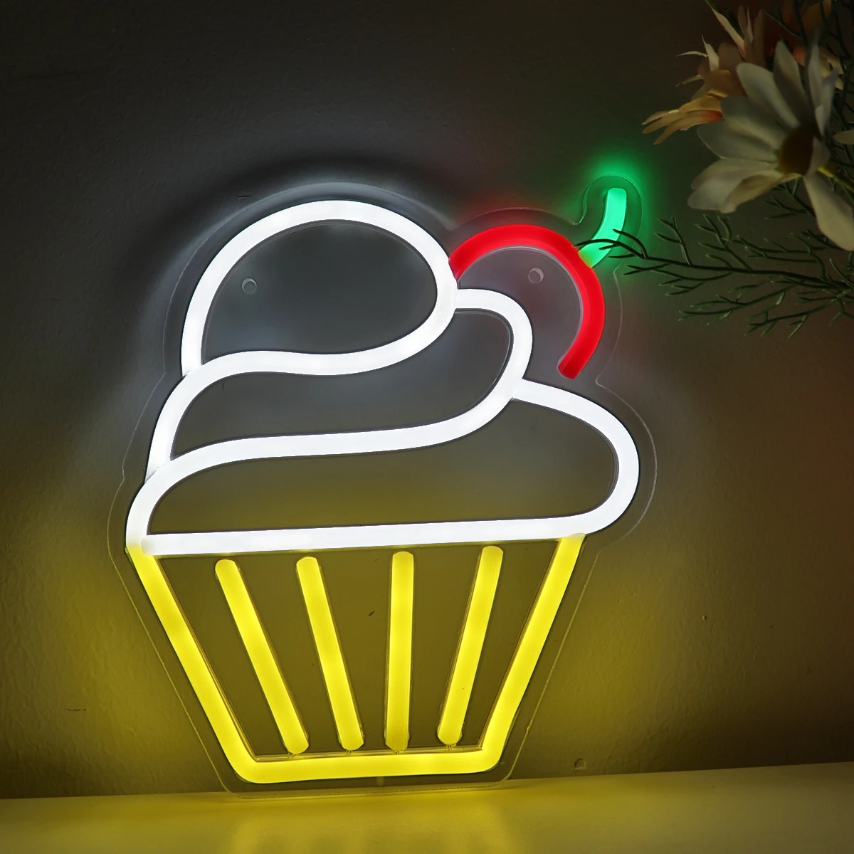 1PC Ice Cream With Cherry Cup Cake Muffin LED Wall Neon Sign For Pub Club Bar Shop  Birthday Room Party Decoration 7.44''*8.27''