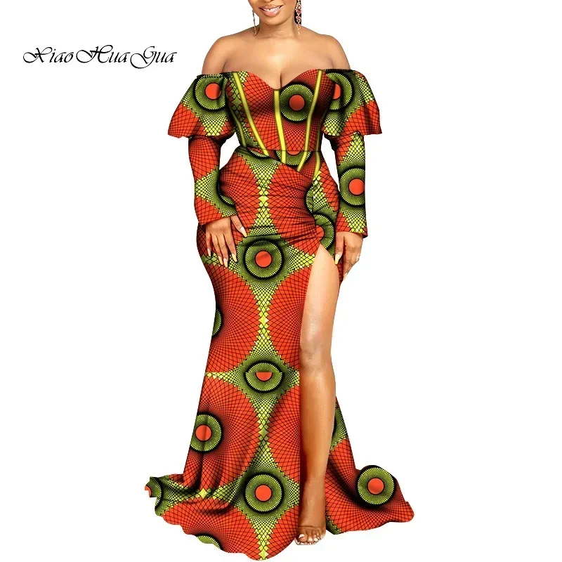 Off Shoulder Ankara Dresses for Women Fashion Long Dashiki Split Dress Robe Africaine African Maxi Dress Evening Party WY8798