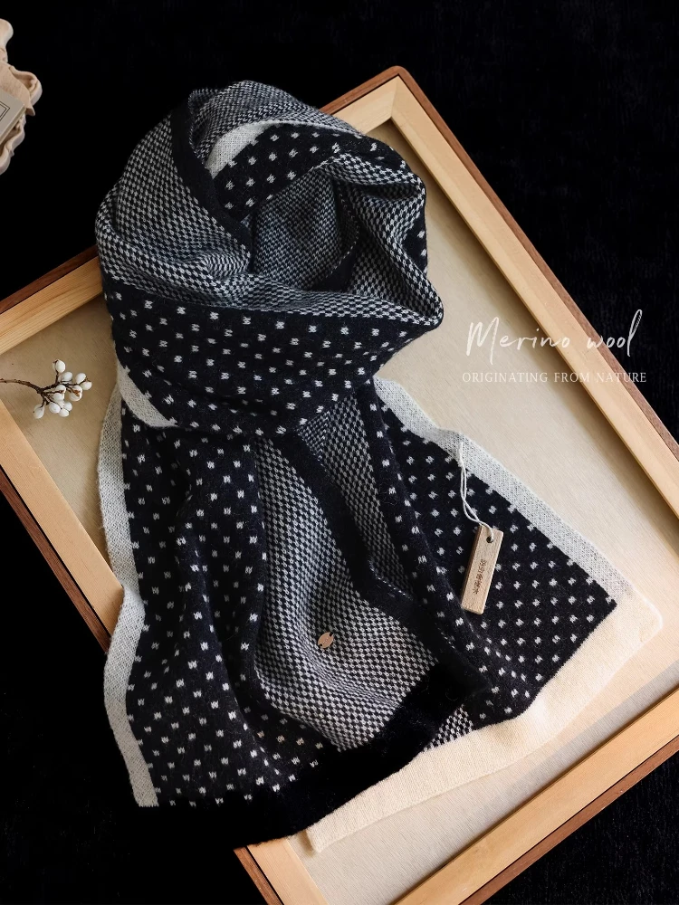 

【In Stock】Original Japanese Style Black White Polka Dot Thick 100% Wool Knitted Scarf Women Winter Warm Luxury Elegant Scarf