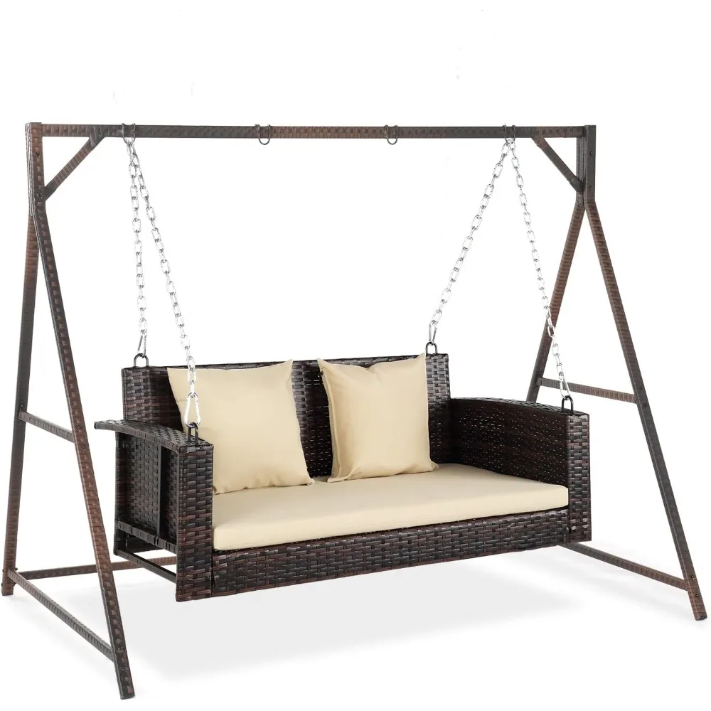 

Outdoor Wicker Porch Swing With Stand - Heavy Duty 800 LBS Rattan Hanging Set With Cushions, 4FT for Yard, Garden, Lawn, Brown