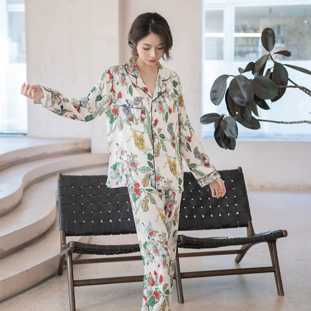 China Style Butterfly Ink Painting Women Home Pajamas Elegant Classic Fashion Print Casual Sleepwear 2024 New Y2k Autumn Lounge