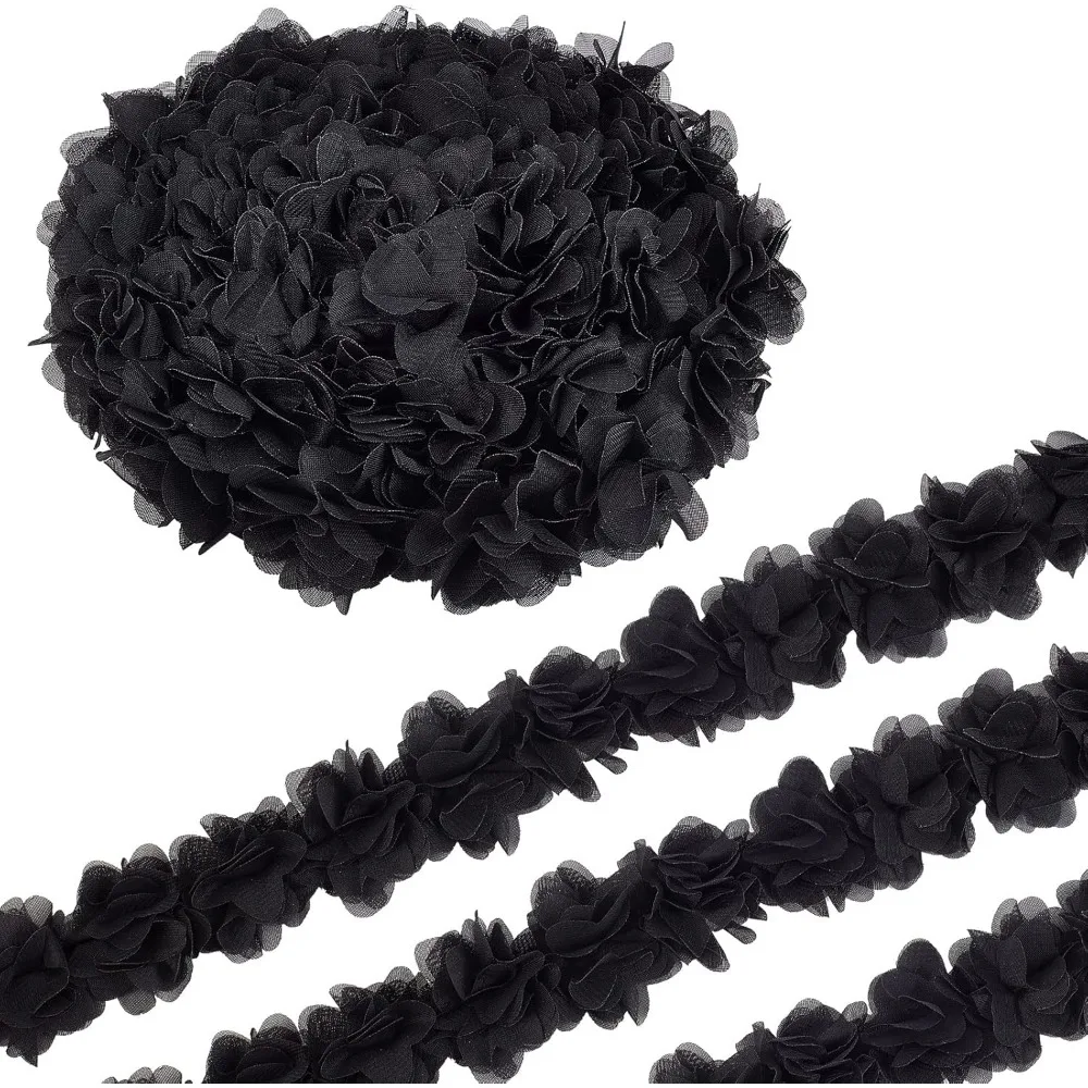 5 Yards 3D Chiffon Flower Lace Edge Trim Ribbon 1-7/8 Inch Width Vintage Style Black Edging Trimming Fabric for DIY Sewing