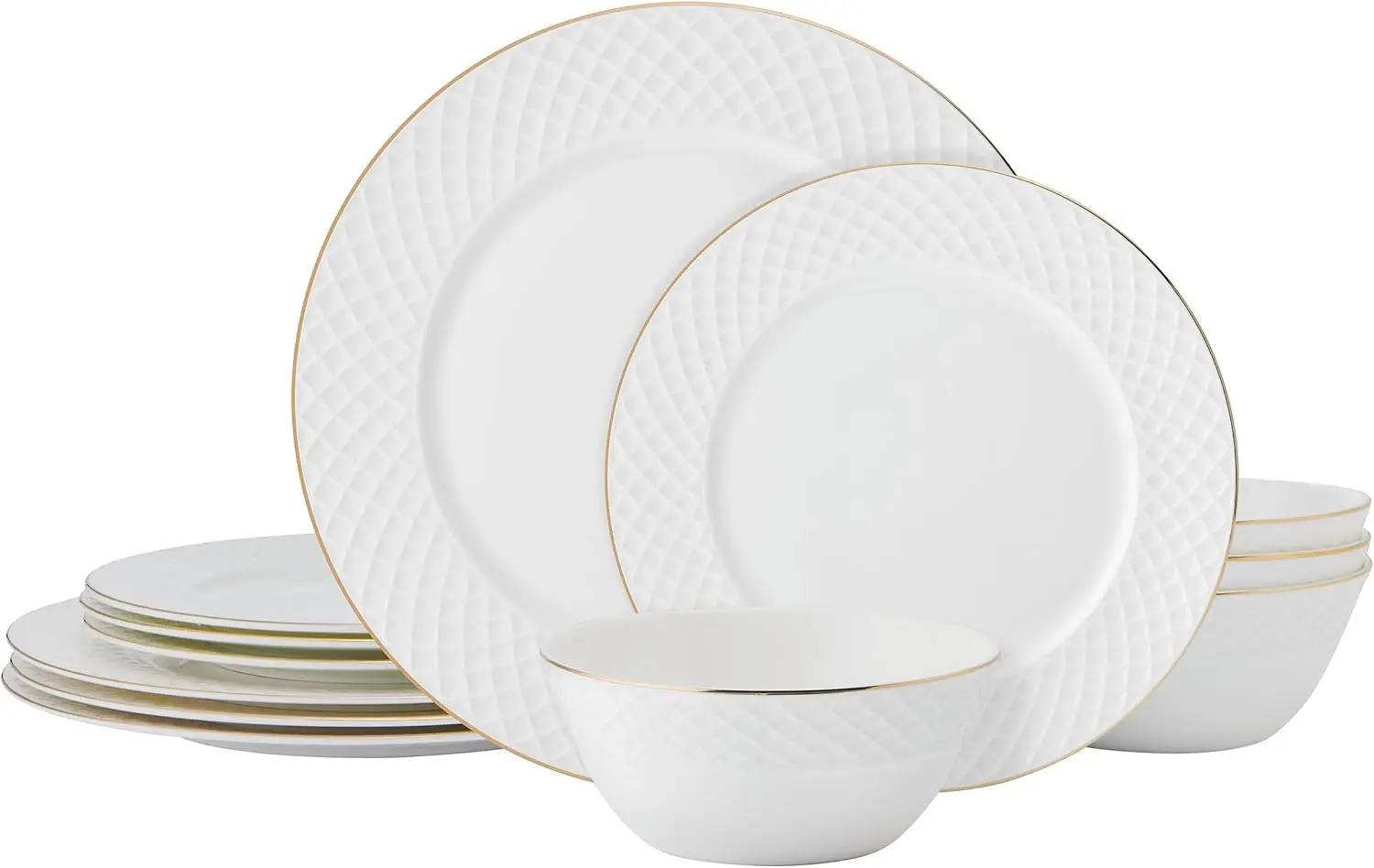 Trellis Gold Rim Bone China Juego de vajilla ligero resistente a virutas de 12 piezas, servicio para 4