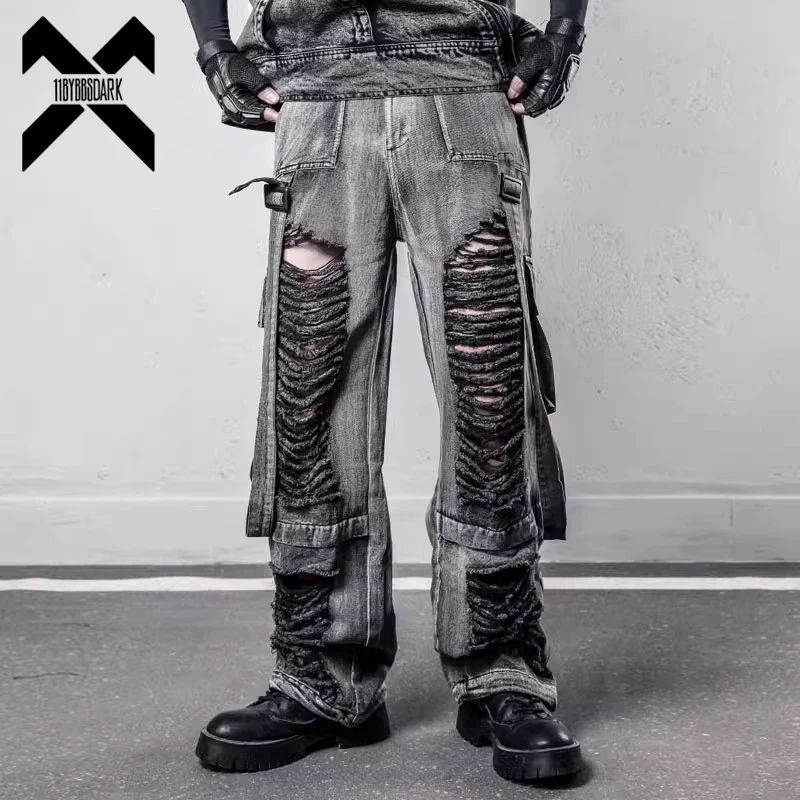 Vintage Tactical Hole Ripped Jeans Baggy Straight Jeans Trousers Streetwear Distressed Denim Pants Male Y2k Hombre