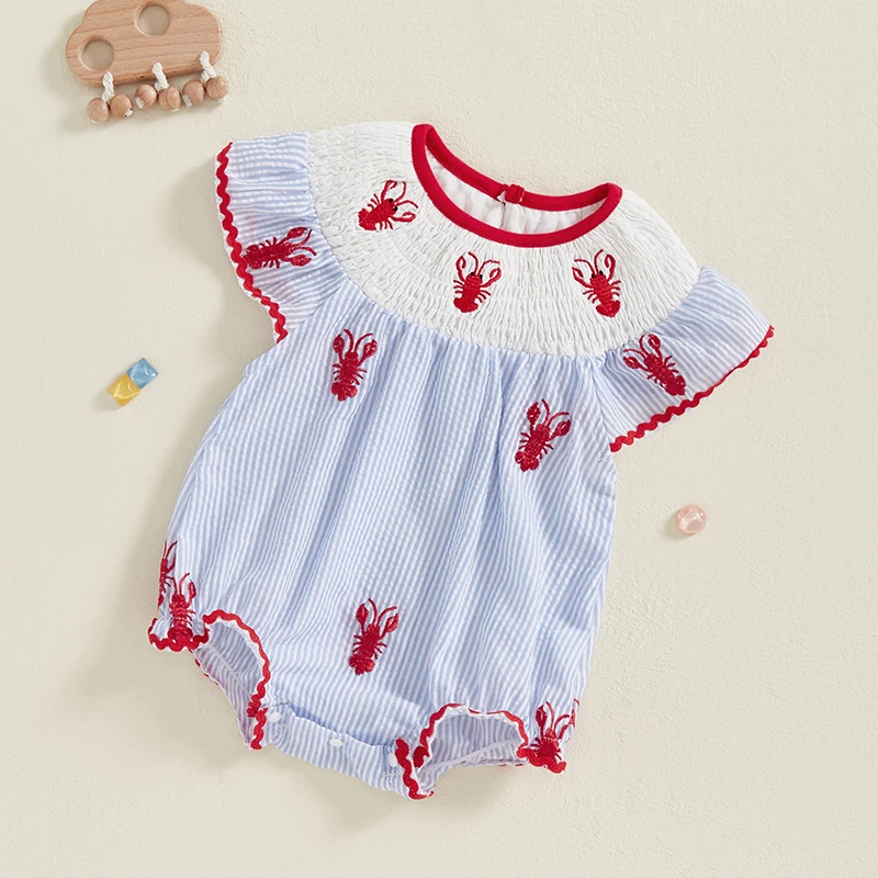 Newborn Baby Girl Crawfish Smocked Bubble Romper Lobster Ruffle Short Sleeve Bodysuit Jumpsuit Summer Outfits