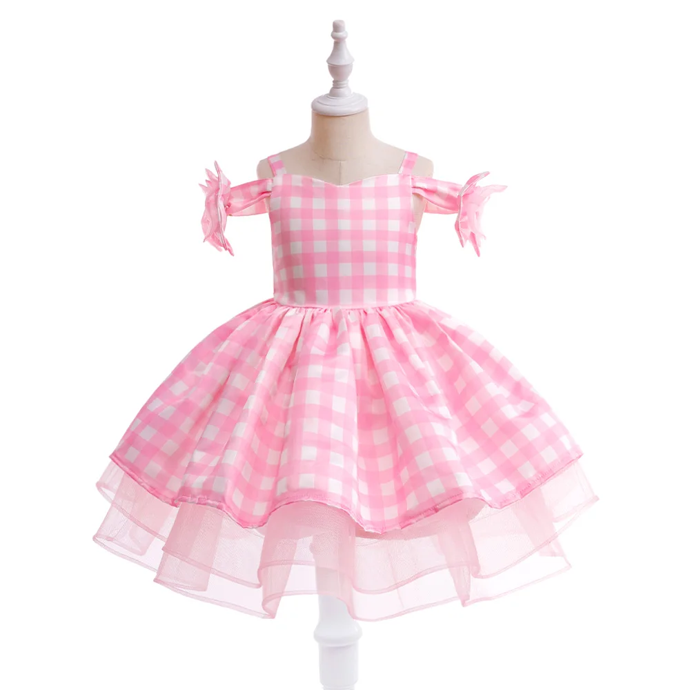 Movie Barbi Cosplay Costume For Kids Girls Plaid Pink Princess Dress Children Carnival Halloween Party Dresses Bow Girl Clothes