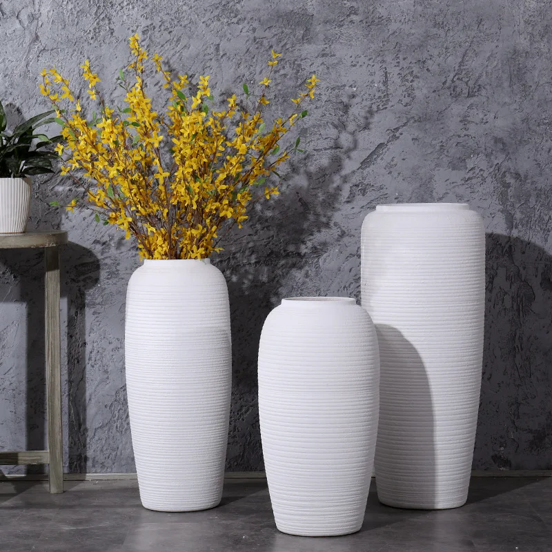 Coarse pottery white threaded flower arrangement Jingdezhen ceramic ornament floor-to-ceiling large vase simple style home jewel