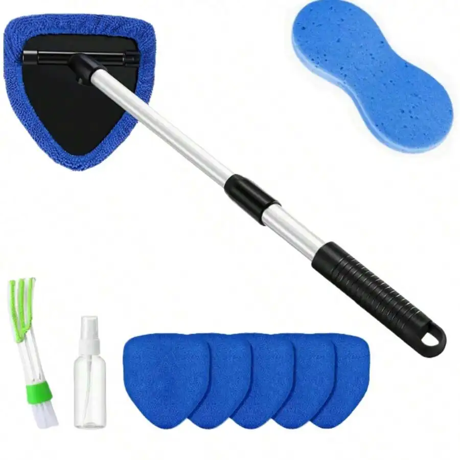 10 Pcs Car Windshield Cleaner Kits With Extendable Handle, 6 Microfiber Towel Pads, 1 Brush, 1 Wiping Sponge,1 Empty Spray