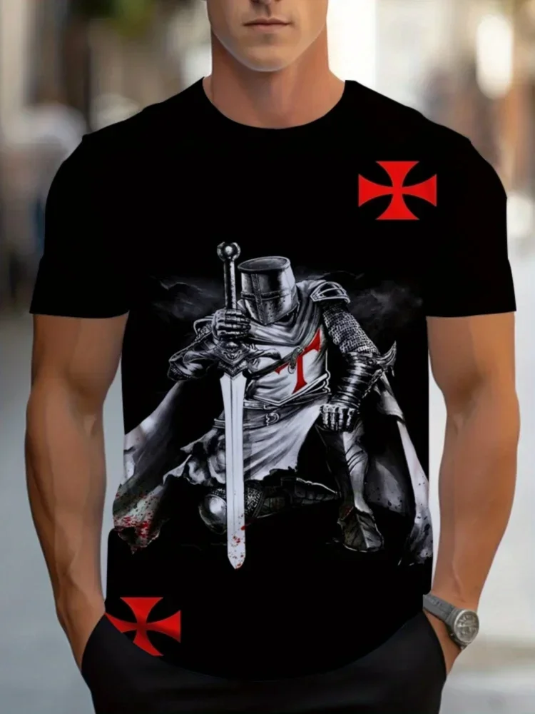 Ritter Templer Rotes Kreuz Krieger Allover-Print Herren T-Shirt Mittelalterliches Historisches Schwarzes Lässiges Rundhals-T-Shirt Trendige Männerkleidung