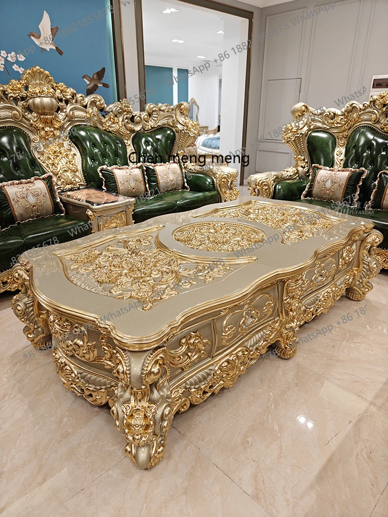 European-style villa coffee table solid wood carving desktop carving tempered glass tea table golden luxury furniture