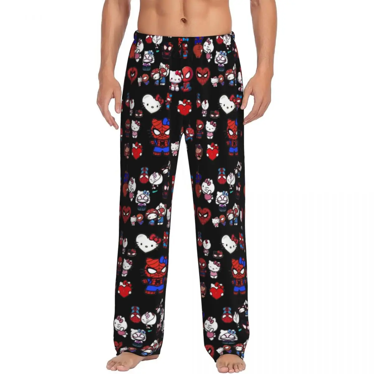 Custom Men Hello Kitty Spider-man Pattern Pajama Pants Printed Kawaii Classical Sleep Sleepwear Bottoms with Pockets