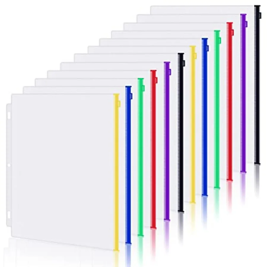 

Pack Letter Size Binder Pockets 3 Ring Binder Multicolor Zipper Pouches Document Organizer, PVC 3-Hole Loose Leaf File Folders