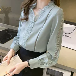 Women Clothing Lace Chiffon Shirt Spring Autumn New Loose Solid Long Sleeve V-neck Blouse Female Fashion Simple Top