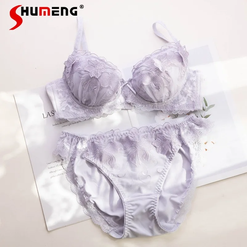 

Japanese Style Soft Cup Embroidered Intimates Female Flower Sweet Bra Set Women's Push Up Round Soft Underwire Brief Suits