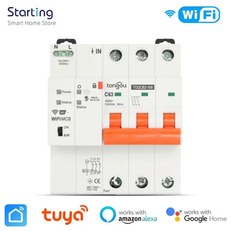 Tuya 63A Smart WIFI Circuit Breaker With Power Metering 1P 2P 3P Timer Smart Life Remote Control Works With Alexa Google Home