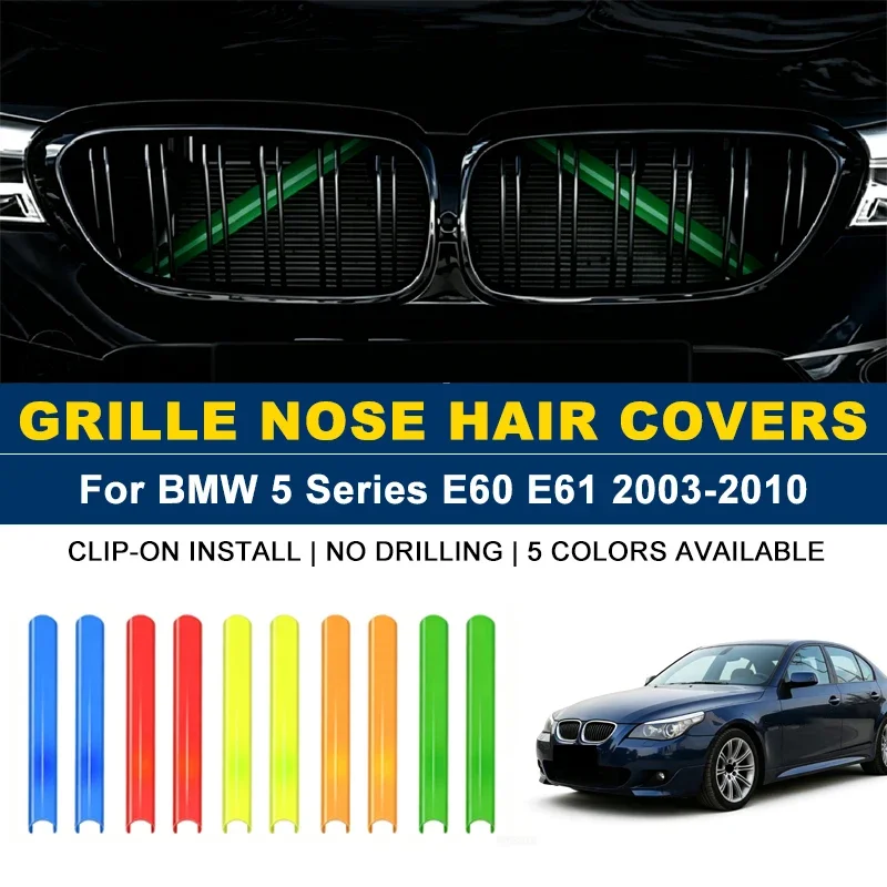 

Clip-on Front Kidney Grille Trim Strips 2Pcs, No Drill Colorful Nose Hair Covers For BMW 5 Series E60 E61 2003-2010 2004 2005
