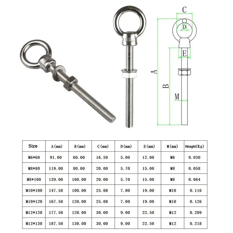 5 Pieces JIS1169 Long Shoulder Lifting Eye Bolt With Nut Ring Loop Hole 316 Stainless Steel M6 M8 M10 M12