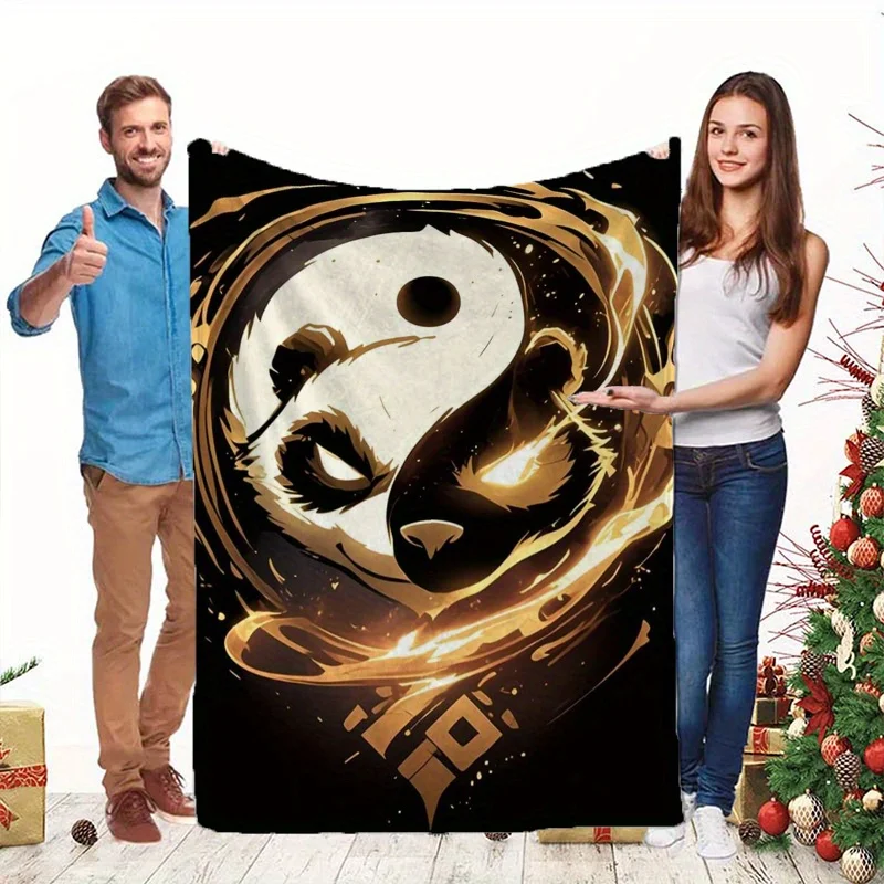

Yin-Yang Panda Print Fleece Blanket – Soft, Cozy All-Season Throw with Tai Chi Design in Black & White, Perfect for Home