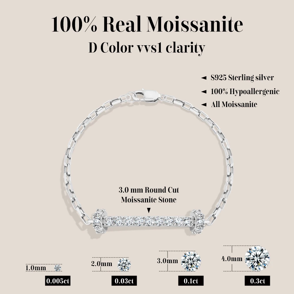 MINTYBOX Horizontal Bar Moissanite Bracelet for Women Men S925 Sterling Silver Box Chain Minimalist Daily Cocktail Party Jewelry