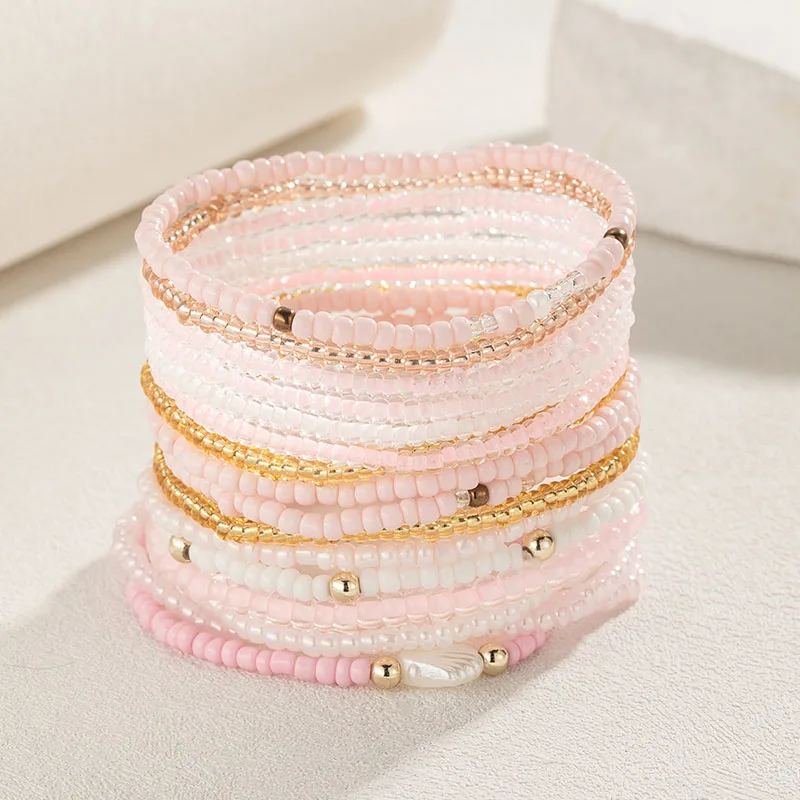 17Pcs Pastel Seed Bead Stackable Bracelets Set Shell Charm Elastic Stretch Boho Beach Jewelry for Women Bohemia Hand Chains New