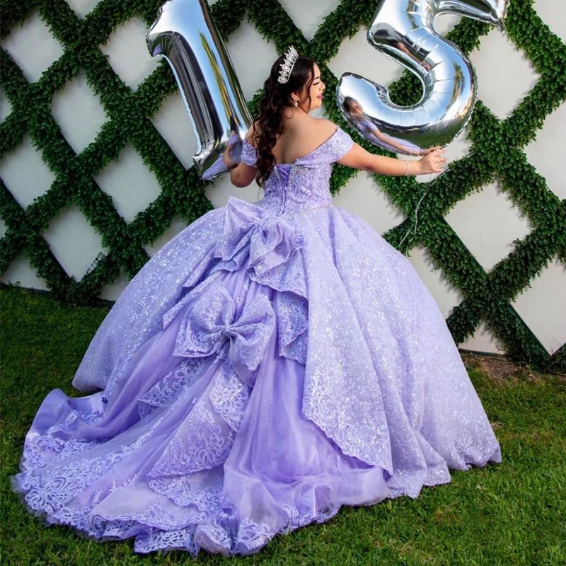 

Lavender Quinceanera Dresses Ball Gown For Sweet 16 Applique Beads Bow Sequined Graduation Party Princess vestidos de 15 quincea