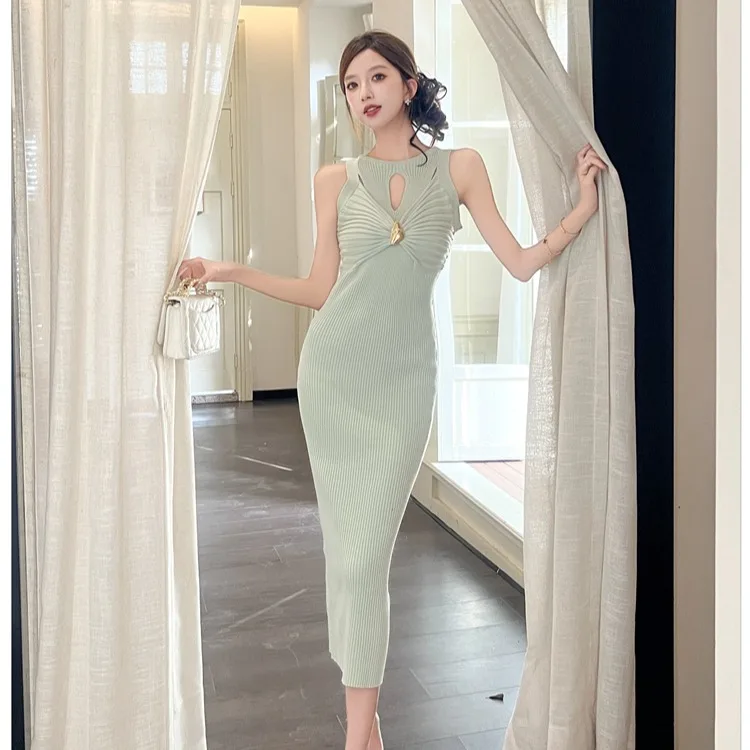 

Pure Desire Sle Svel Knitted Vest Dr Women's Body ape ow off Mid-Length Wrap around Skirt Sexy Girl Dr