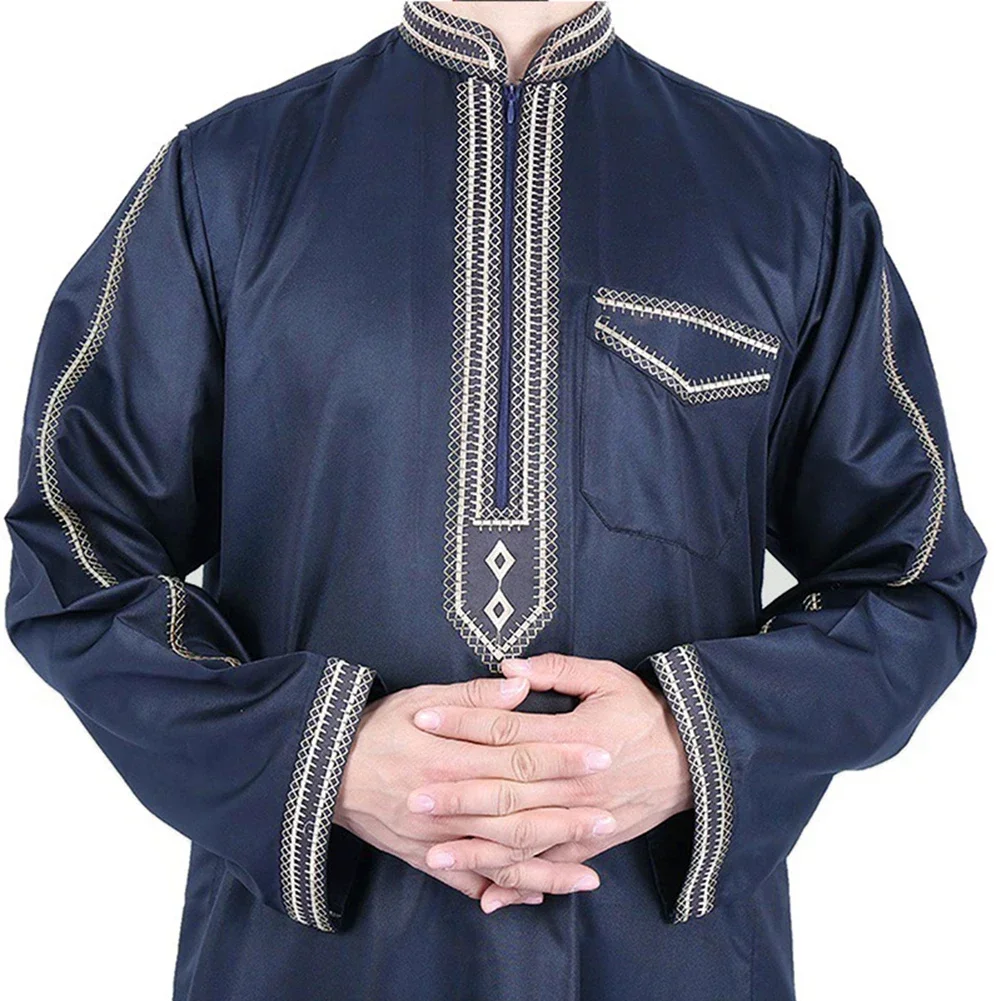 Fashion Printed Men's Long Sleeve Robe Jubba Thobe Middle East Muslim Clothing Saudi Arab Loose Stand Collar Long Robe