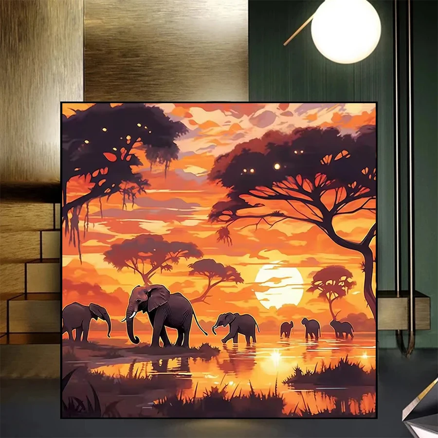 5D DIY Diamond Painting Kit New Sunset African Plains Animal Elephant Cross Stitch Diy Diamond Embroidery Picture Mosaic Art