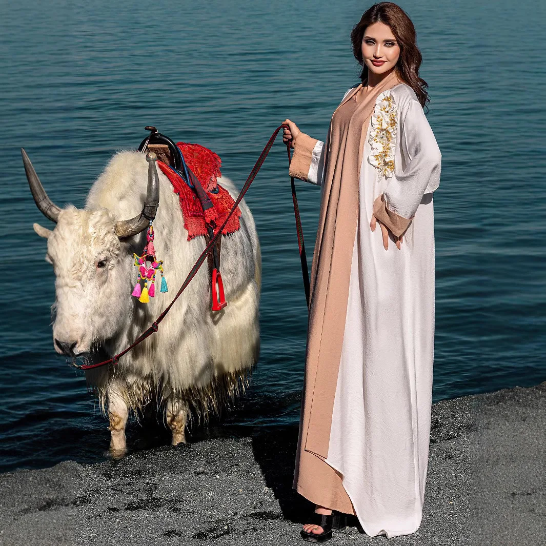 2025 Women's Casual Trendy Beading Elegant Loose 2 Piece Sets Cardigan Coats Inner Dresses Female Middle East Muslim New Fashion