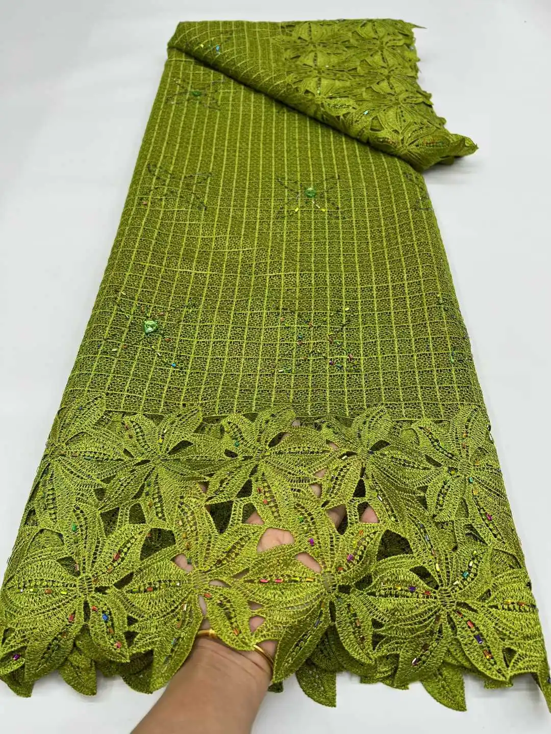 

Olive green Luxury African Guipure Cord With Stones Lace Fabric 2026 High Quality French Cord Lace Nigeria For DIY Women Dress