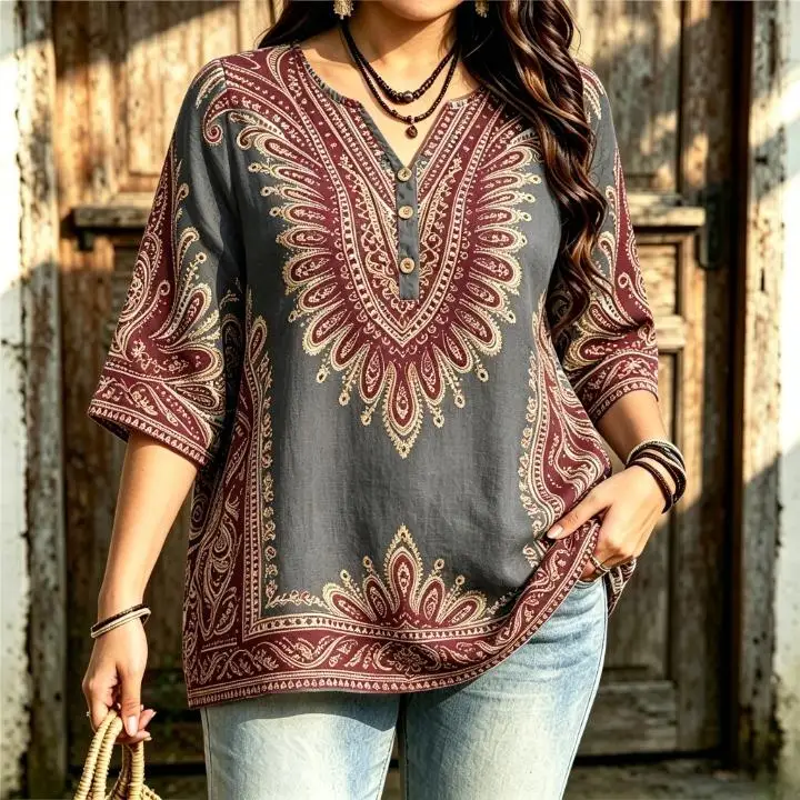 Women Ethnic Paisley Border Print Blouse Notched Neck 3/4 Sleeve Loose Fit For Curvy Figures Daily Casual Ladies Pullover Tops