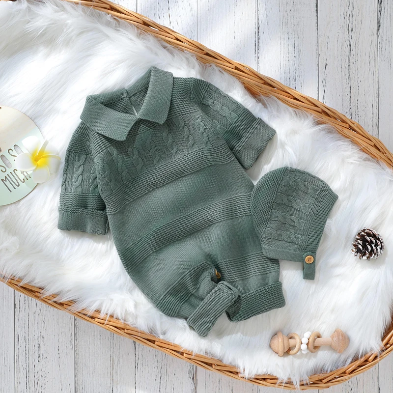 Autumn Baby Boys Rompers Clothes Winter Turtle Neck Long Sleeve Newborn Infant Cotton Knit Jumpsuits Hats Outfit Toddler Overall