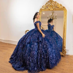 Navy Blue Quinceanera Dresses Beaded Sequined Appliqué Lace Sweet 16 Dress Ball Gown Lace Up vestidos de 15 años