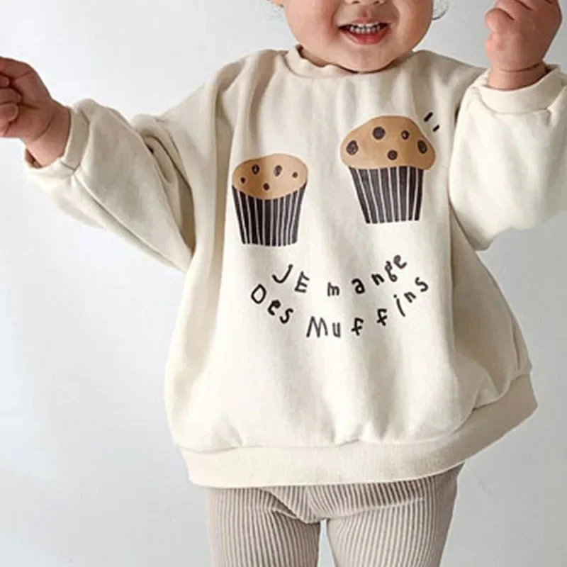 Hoodies Children Clothing Korean Winter New Boys and Girls Lovely Cake Printing Casual Sweatshirts Lovely Round Collar