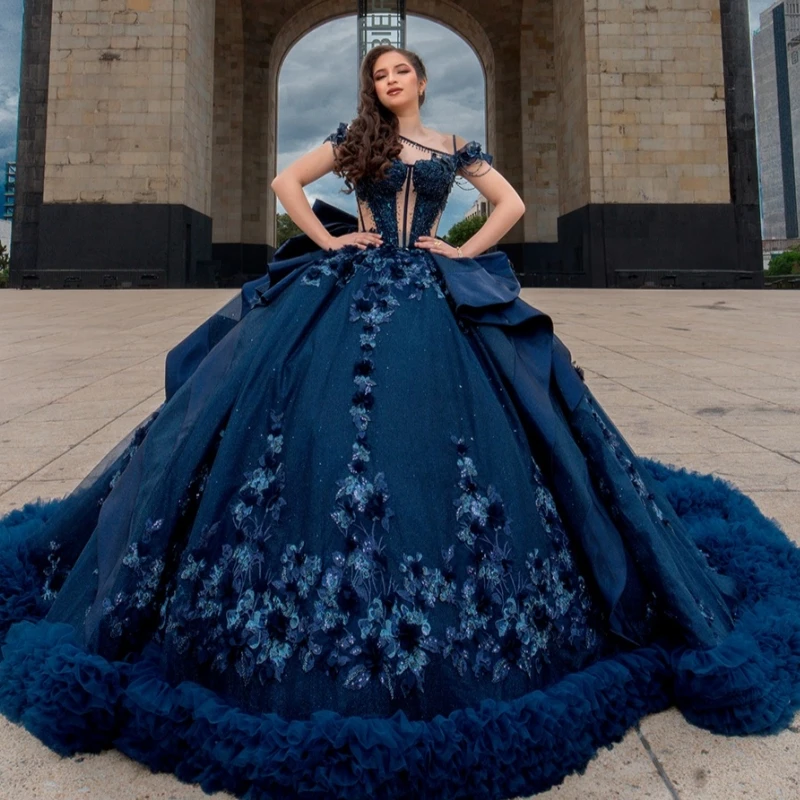 

Темно-синее блестящее платье принцессы Sweet 16, платье Quinceanera, платья с цветочной аппликацией и бисером, многоуровневое тюлевое платье для вечеринки, дня рождения, Vestidos 15
