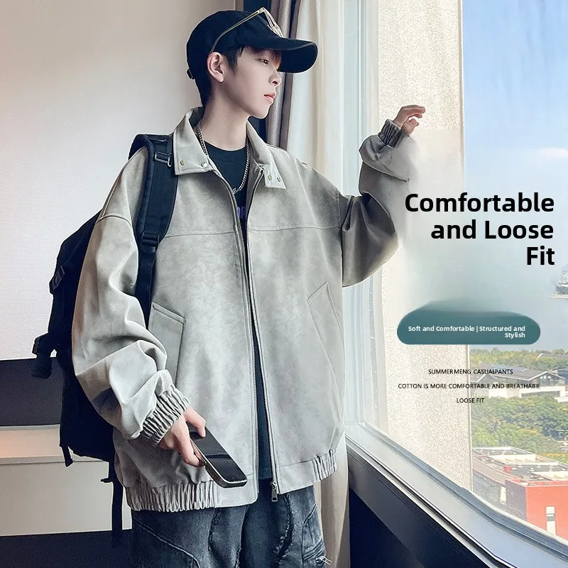 

American Retro Oversize Casual Jaet for Men Comfortable Loose Sle Faionable Autumn Outerwear Youth Culture