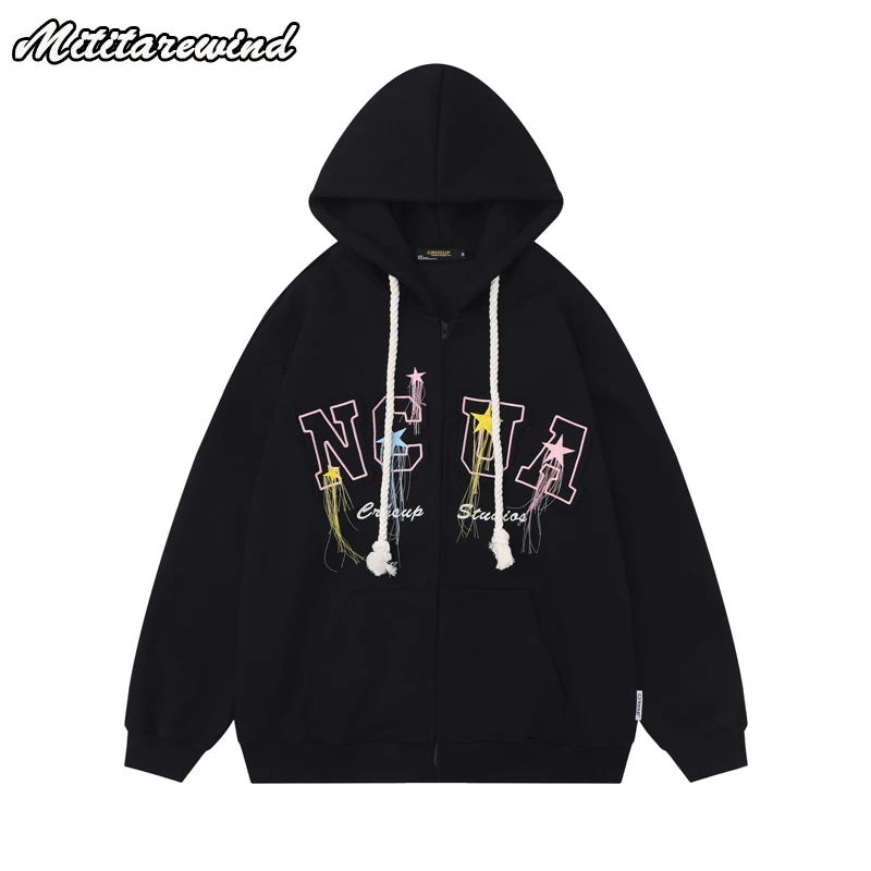 

American Vintage Chic Stars Embroidery Patchwork Men's Hoodies Coats Autumn Couple Tops Loose Oversize Youth Streetwear Y2k