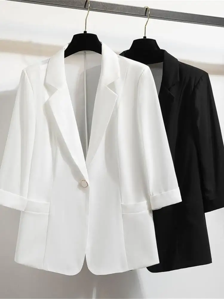 Elegant Summer New White Chiffon Women's Blouse Thin Style Sleeve Seven-Quarter Length Short Coat One Button Closure