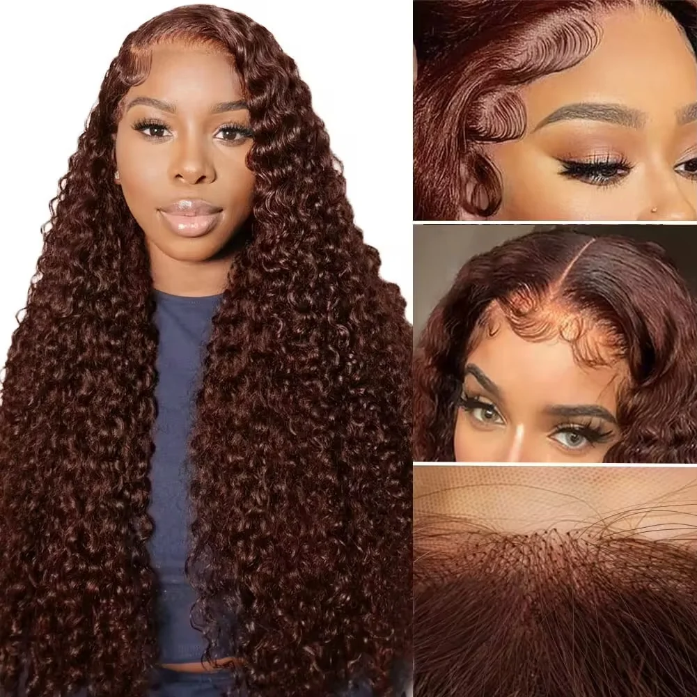 Perruque Lace Front Wig Brésilienne Naturelle, Cheveux Bouclés, Deep Wave, Couleur Brun Chocolat, 13x4, 13x6, Densité 250