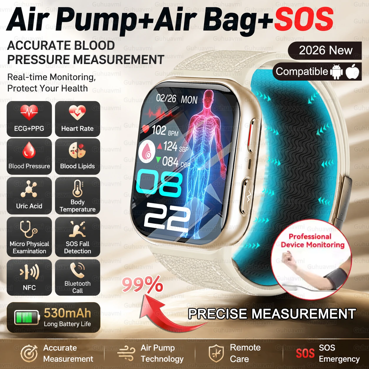 Air Pump Airbag Smart Watch 99%Accurate Blood Pressure Monitor ECG Heart Rate SOS Fall Detection NFC Bluetooth Call Health Watch
