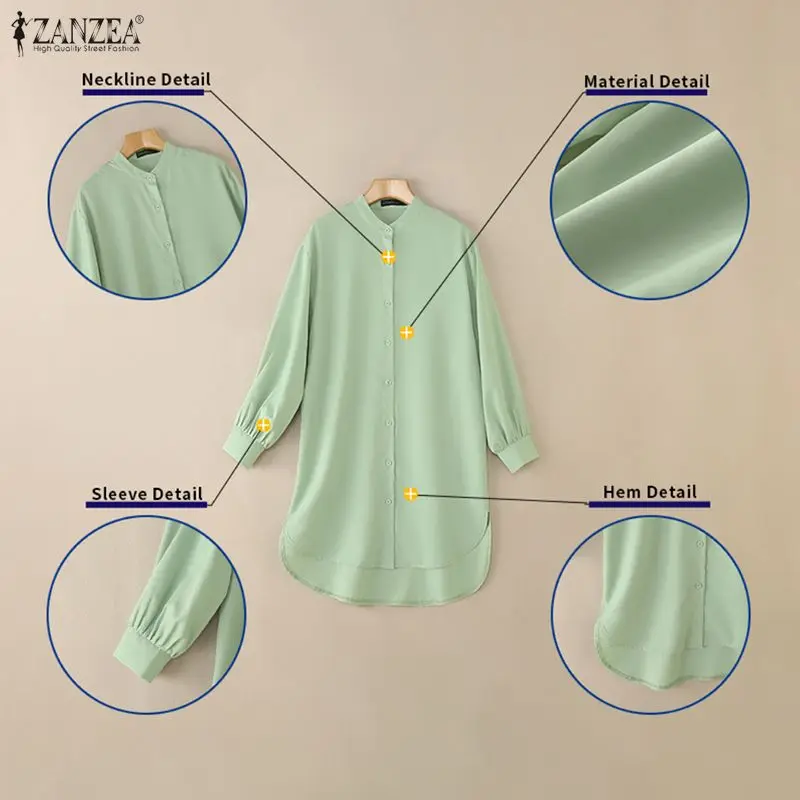 2026 ZANZEA femmes chemises longues automne à manches longues Blouse mode boutons asymétrique hauts décontracté ample solide élégant bureau Blusas