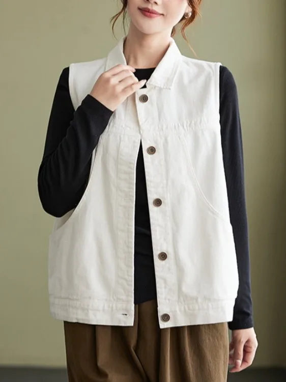 

Faionable Vest Jaet Large kets Color Women's plus Size Single Button Turn-down Collar Svel Layering Versat...