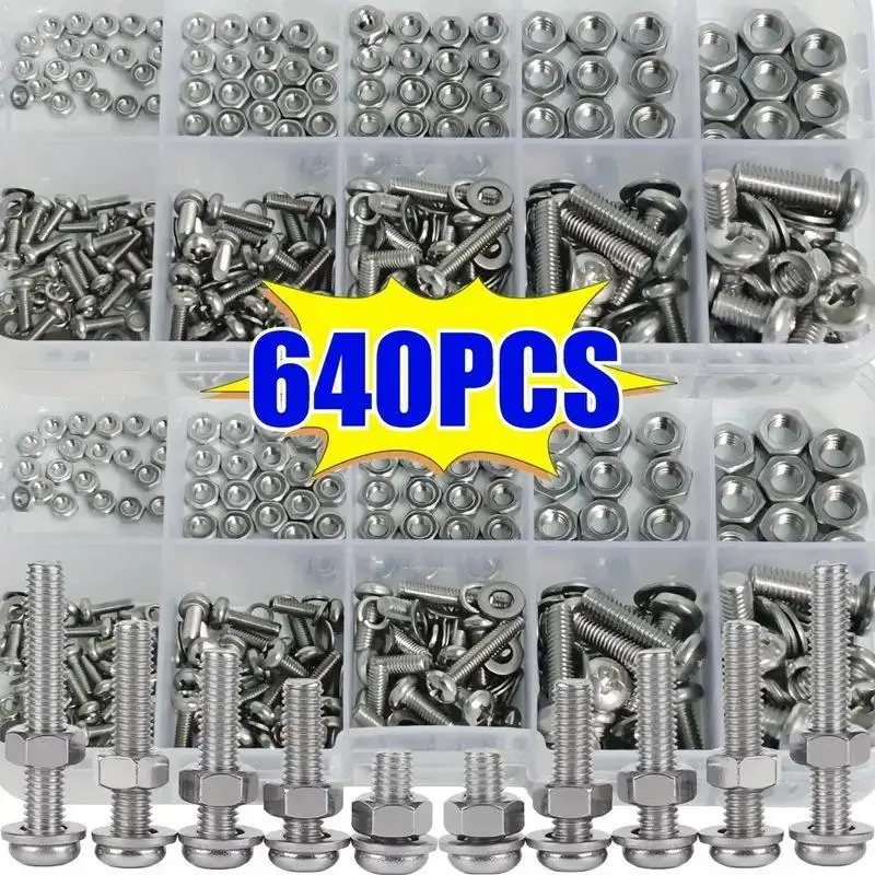 Screw and Nut Hardware Assortment Kit 640Pcs Corrosion Resistant Snap-in M2-M5 for Plumbing Repair Jobs