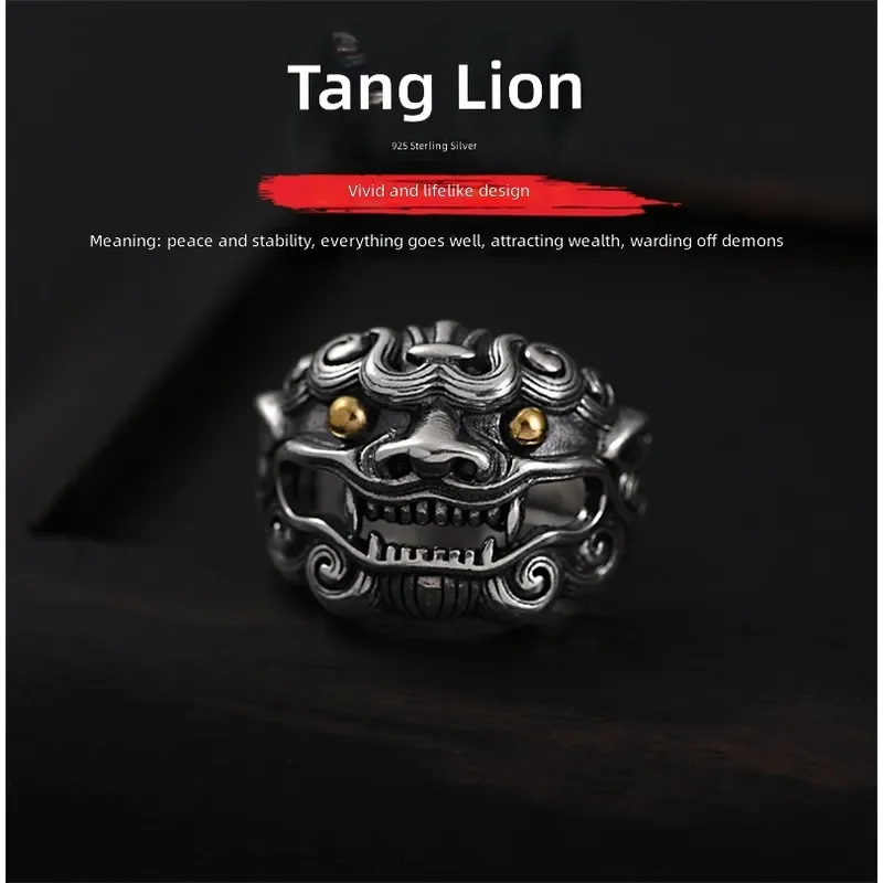 Vintage Tang Style Lion Head Ring Men Trendy Personality Open Adjustable Single Band Fashion Imitation Thai Silver Animal