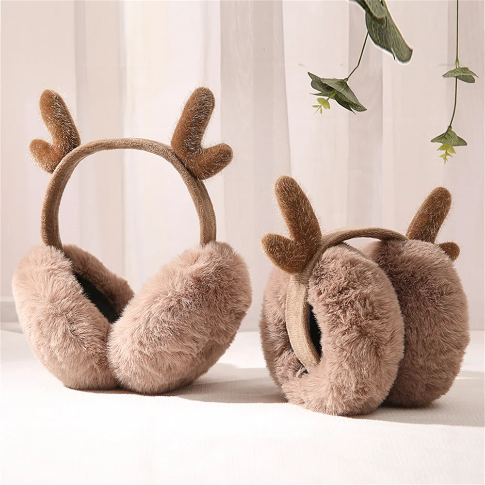 Soft Plush Earmuffs for Women Christmas Antlers Winter Warm Ear Warmer Earflap Outdoor Cold Protection Ear Cover Fur Headphones